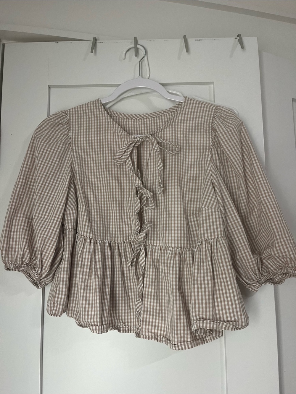 Gingham Tie-Front Peplum Blouse in Beige